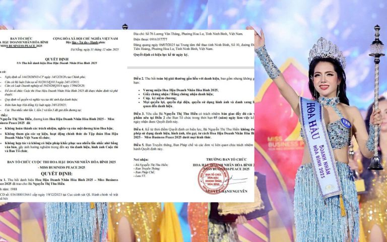 Thu hồi danh hiệu Hoa hậu Doanh nhân Hòa Bình 2025 đối với bà Nguyễn Thị Thu Hiền