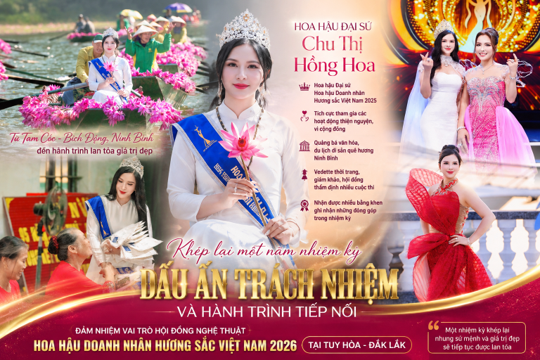 Hoa hậu Đại sứ Chu Thị Hồng Hoa khép lại nhiệm kỳ bằng dấu ấn mới tại Hoa hậu anh nhân Hương sắc Việt Nam 2026